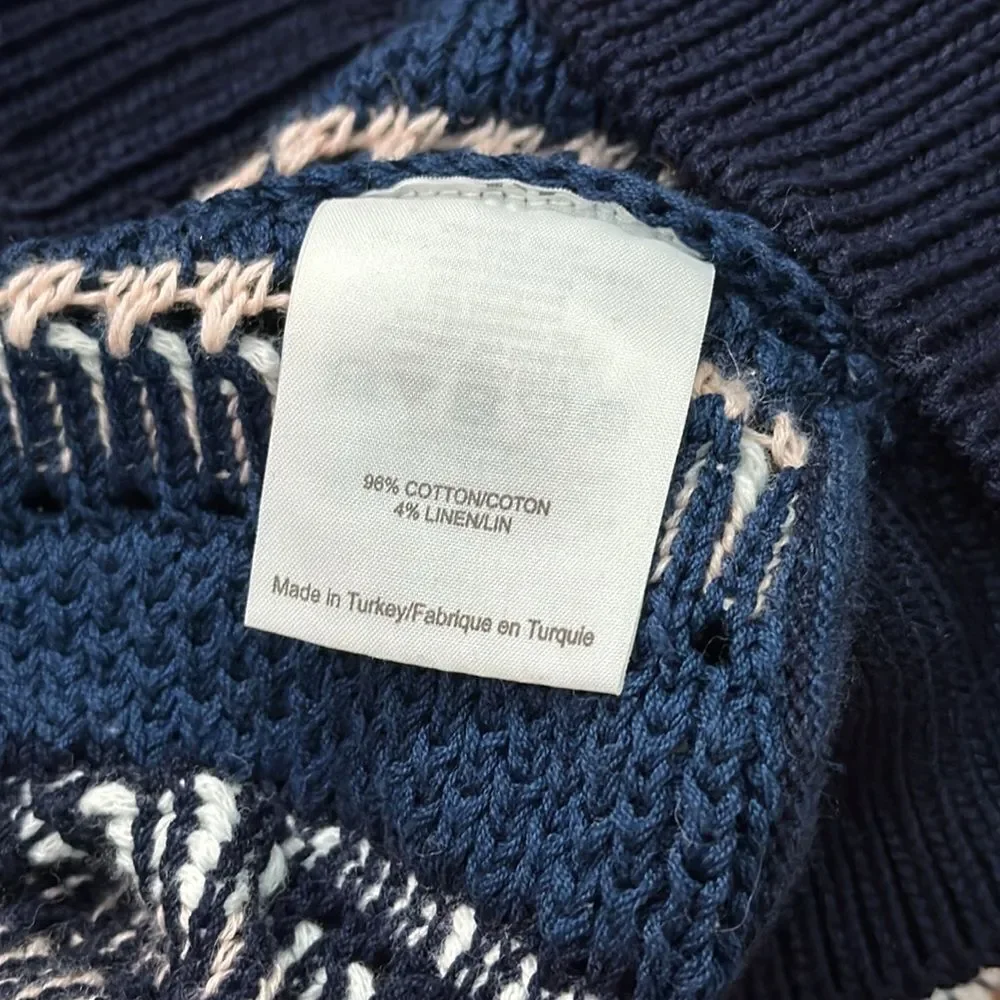 Tory Burch Knit Linen Blend Navy Blue‎ Striped Crochet geometric Top Size XS